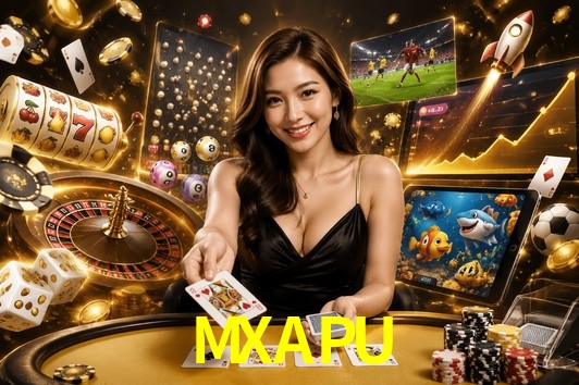 Una escena digital vívida inspirada en casino con MXAPU mostrado prominentemente, luces brillantes, fichas, cartas y acentos dorados.