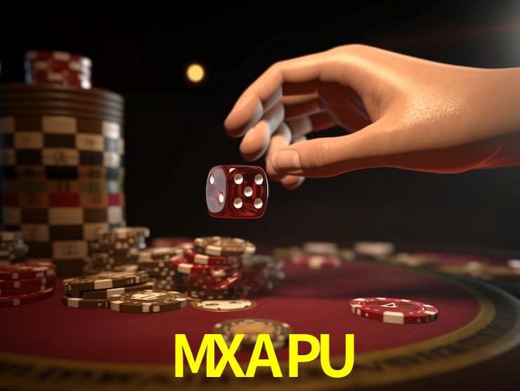 Escena dinámica inspirada en casino con iluminación MXAPU, cartas, fichas e íconos de juegos digitales en un espacio moderno de juegos.