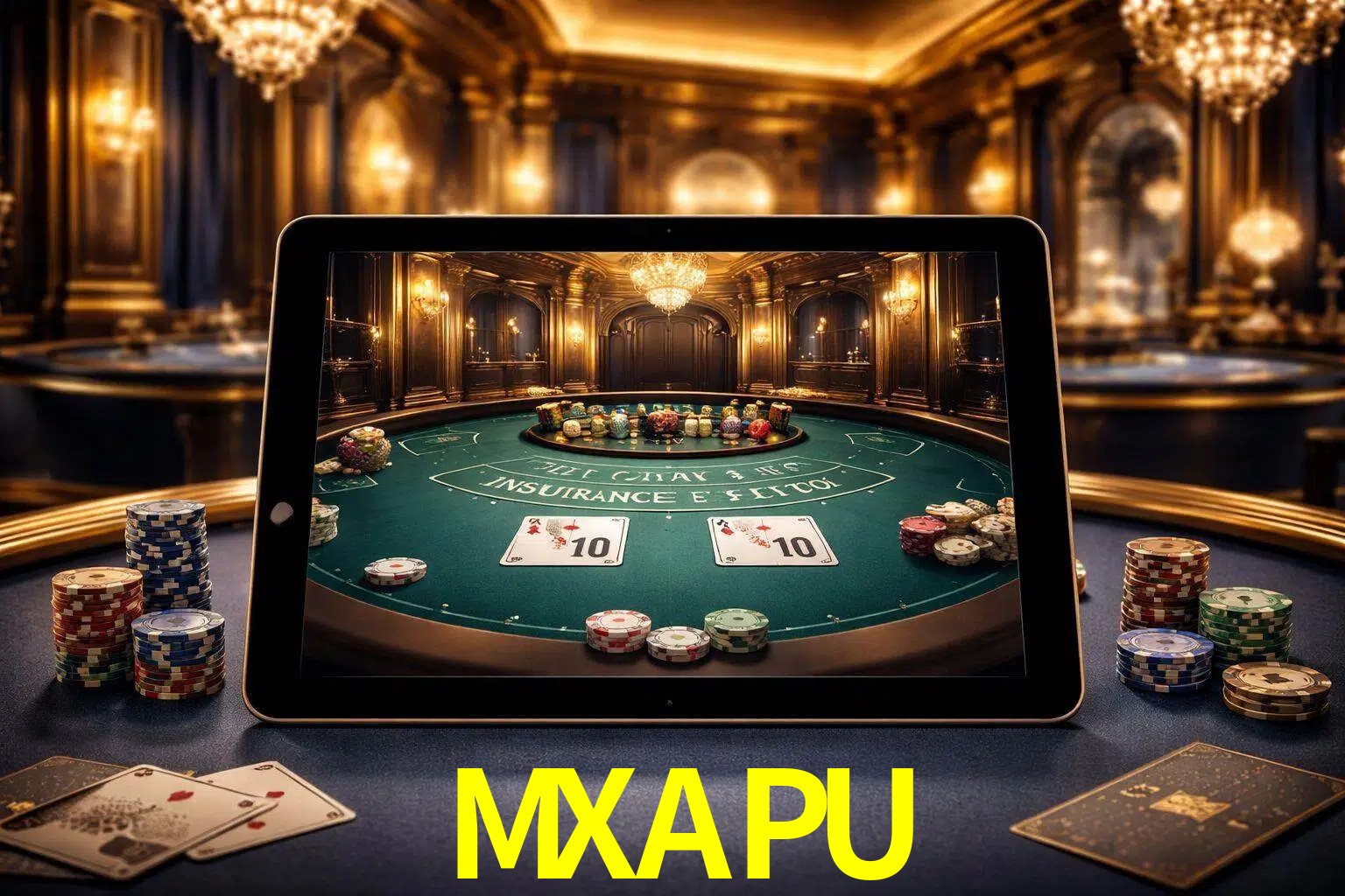 Configuración moderna de casino en vivo con una tableta mostrando una mesa de blackjack, luces cálidas de estudio y una atmósfera elegante de juegos digitales.