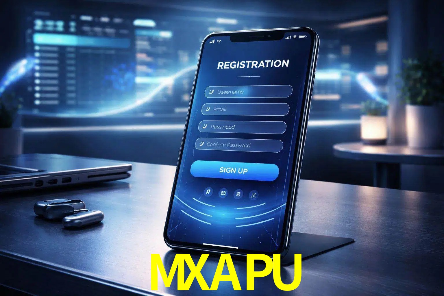 Una interfaz moderna de registro móvil para MXAPU mostrada en un smartphone con un panel de apuestas elegante.